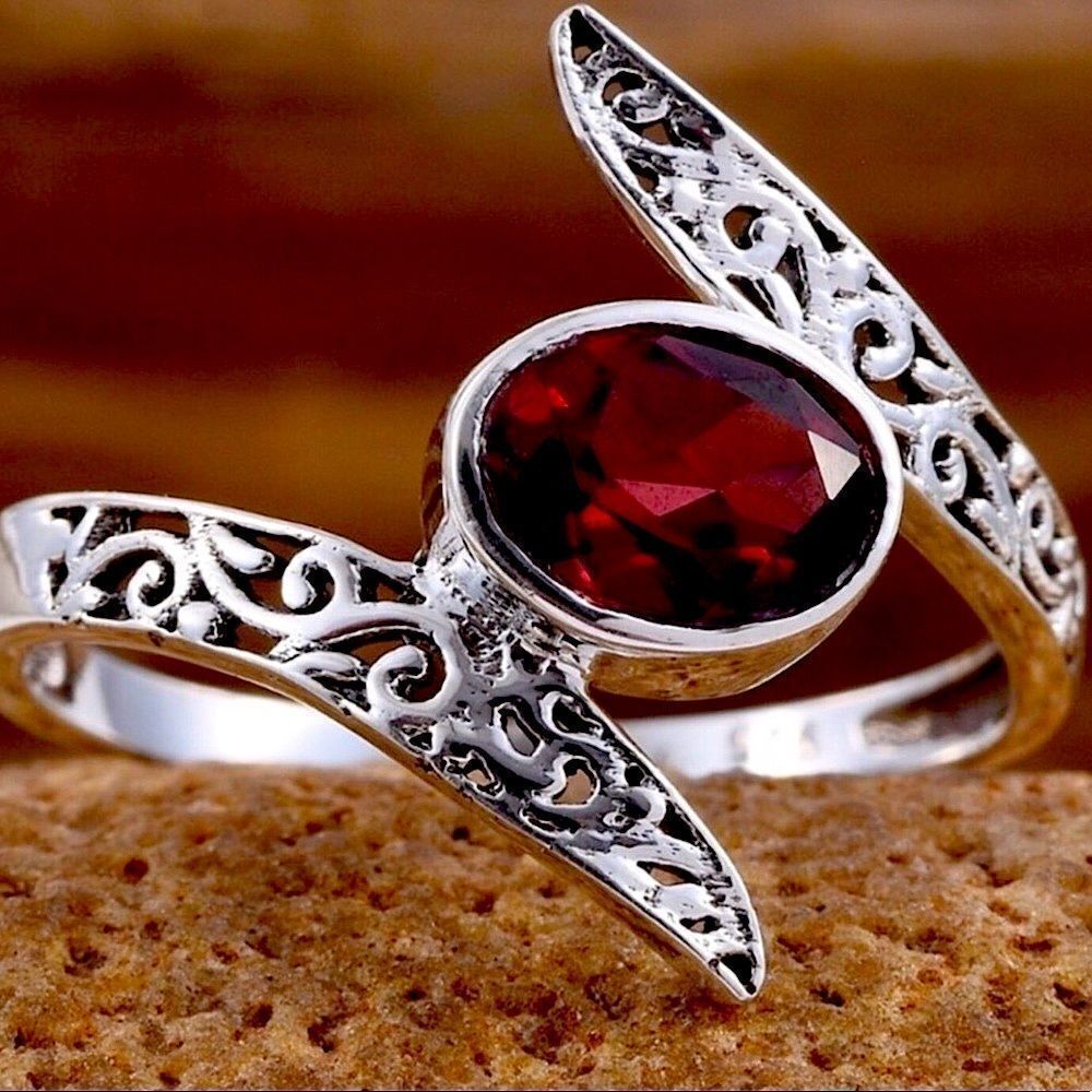 Oval Garnet Filigree Bypass Sterling Silver Ring  NEW